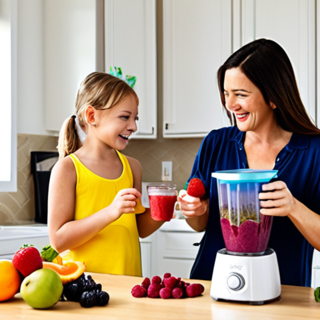 **Image Prompt:** A brightly lit kitchen scene featuring a child and an adult (presumably a parent) collaboratively making a smoothie. The child is carefully pouring frozen berries into a blender, while the adult supervises with a smile. Colorful fruits and vegetables are scattered on the counter, and reusable smoothie cups with fun designs are visible in the background. Focus on capturing the joyful and engaging atmosphere of the activity.