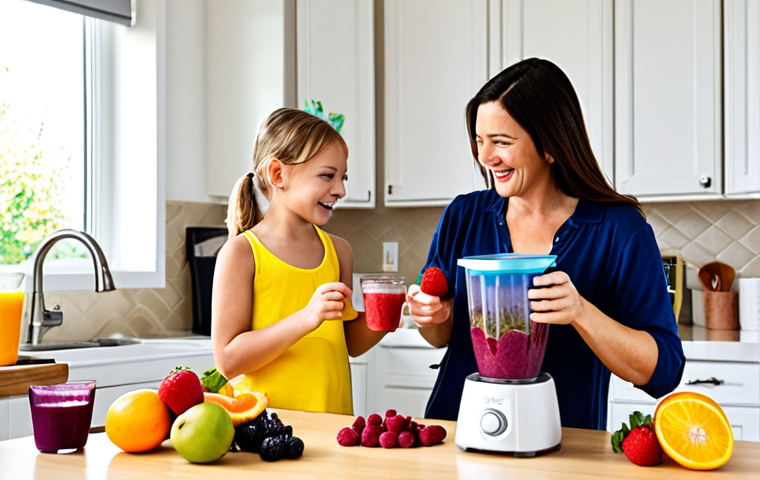 **Image Prompt:** A brightly lit kitchen scene featuring a child and an adult (presumably a parent) collaboratively making a smoothie. The child is carefully pouring frozen berries into a blender, while the adult supervises with a smile. Colorful fruits and vegetables are scattered on the counter, and reusable smoothie cups with fun designs are visible in the background. Focus on capturing the joyful and engaging atmosphere of the activity.
