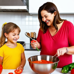 **

Prompt: A bright, colorful kitchen scene. A young girl (around 6 years old) is smiling and enthusiastically stirring a bright red tomato sauce in a stainless steel bowl. Her mother (or father) is standing beside her, guiding her hand. Scattered around them are ingredients like chopped vegetables (onions, bell peppers), herbs, and a measuring cup. The overall atmosphere is warm, inviting, and slightly messy, emphasizing the fun of cooking together. Style: Illustration, vibrant colors, slightly whimsical.

**
