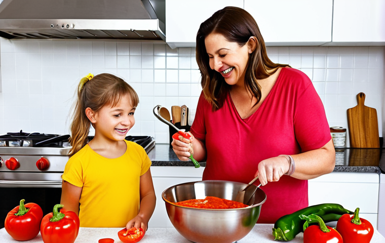 **
Prompt: A bright, colorful kitchen scene. A young girl (around 6 years old) is smiling and enthusiastically stirring a bright red tomato sauce in a stainless steel bowl. Her mother (or father) is standing beside her, guiding her hand. Scattered around them are ingredients like chopped vegetables (onions, bell peppers), herbs, and a measuring cup. The overall atmosphere is warm, inviting, and slightly messy, emphasizing the fun of cooking together. Style: Illustration, vibrant colors, slightly whimsical.
**