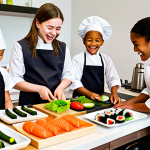 **A diverse group of children joyfully making sushi together in a bright, modern kitchen. The kids are focused and smiling, surrounded by colorful ingredients like avocado, cucumber, and nori sheets. In the background, a chef is demonstrating a technique. The scene emphasizes collaboration and cultural exploration through food.**