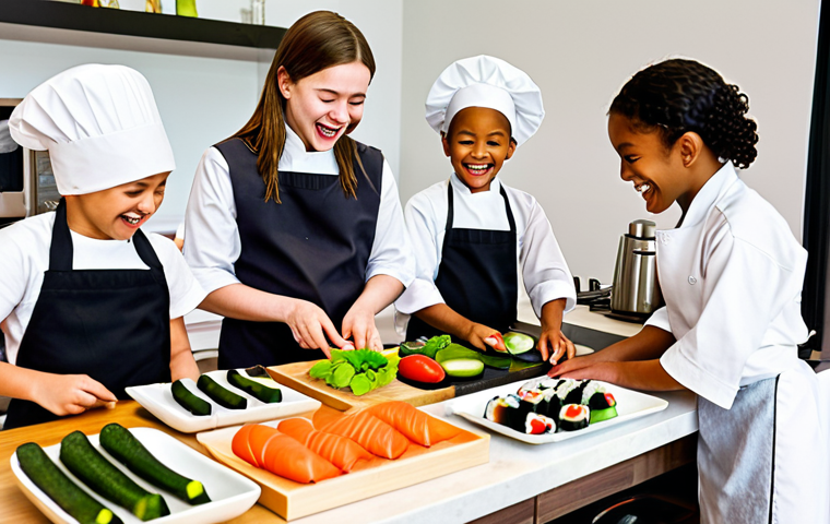 **A diverse group of children joyfully making sushi together in a bright, modern kitchen. The kids are focused and smiling, surrounded by colorful ingredients like avocado, cucumber, and nori sheets. In the background, a chef is demonstrating a technique. The scene emphasizes collaboration and cultural exploration through food.**