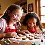 **Image Prompt 1:**
    A vibrant, heartwarming, and slightly chaotic scene in a cozy, festive kitchen. Two diverse children, aged approximately 6-9, with flour on their cheeks and hands, are joyfully decorating gingerbread cookies and a gingerbread house. Colorful icing bags, abundant sprinkles, and various candies are scattered across the rustic wooden table. Their faces show pure, focused excitement and genuine smiles. Warm, inviting lighting, with sunlight streaming through a window, creating a bokeh effect in the background. Close-up, eye-level shot capturing the intricate details of their creative, messy work. Highly detailed, photorealistic, evoking a sense of tangible joy and holiday magic.