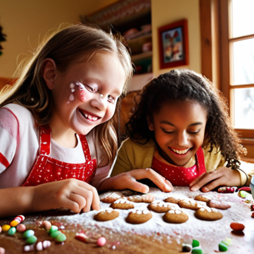 Home 8 **Image Prompt 1:**
A vibrant, heartwarming, and slightly chaotic scene in a cozy, festive kitchen. Two diverse children, aged approximately 6-9, with flour on their cheeks and hands, are joyfully decorating gingerbread cookies and a gingerbread house. Colorful icing bags, abundant sprinkles, and various candies are scattered across the rustic wooden table. Their faces show pure, focused excitement and genuine smiles. Warm, inviting lighting, with sunlight streaming through a window, creating a bokeh effect in the background. Close-up, eye-level shot capturing the intricate details of their creative, messy work. Highly detailed, photorealistic, evoking a sense of tangible joy and holiday magic.
