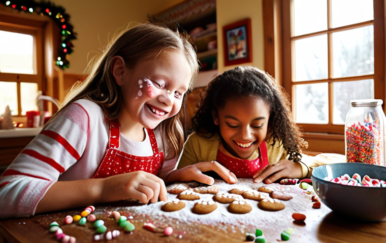 **Image Prompt 1:**
A vibrant, heartwarming, and slightly chaotic scene in a cozy, festive kitchen. Two diverse children, aged approximately 6-9, with flour on their cheeks and hands, are joyfully decorating gingerbread cookies and a gingerbread house. Colorful icing bags, abundant sprinkles, and various candies are scattered across the rustic wooden table. Their faces show pure, focused excitement and genuine smiles. Warm, inviting lighting, with sunlight streaming through a window, creating a bokeh effect in the background. Close-up, eye-level shot capturing the intricate details of their creative, messy work. Highly detailed, photorealistic, evoking a sense of tangible joy and holiday magic.