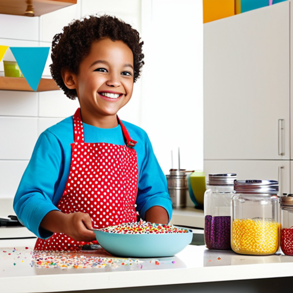 Kid-Friendly Baking Zone**
"A brightly lit, colorful kitchen scene showcasing a child wearing an apron and fully clothed, standing on a step stool at a counter covered with a washable tablecloth. The counter holds kid-friendly utensils like silicone spatulas and plastic measuring cups. Jars of colorful sprinkles and pre-measured ingredients are neatly arranged. The child is smiling and reaching for a bowl. Safe for work, appropriate content, fully clothed, professional studio photography, perfect anatomy, correct proportions, well-formed hands, natural pose, family-friendly, modest setting."
**