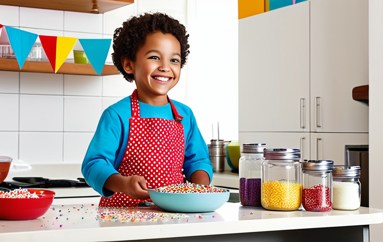 Kid-Friendly Baking Zone**
"A brightly lit, colorful kitchen scene showcasing a child wearing an apron and fully clothed, standing on a step stool at a counter covered with a washable tablecloth. The counter holds kid-friendly utensils like silicone spatulas and plastic measuring cups. Jars of colorful sprinkles and pre-measured ingredients are neatly arranged. The child is smiling and reaching for a bowl. Safe for work, appropriate content, fully clothed, professional studio photography, perfect anatomy, correct proportions, well-formed hands, natural pose, family-friendly, modest setting."
**