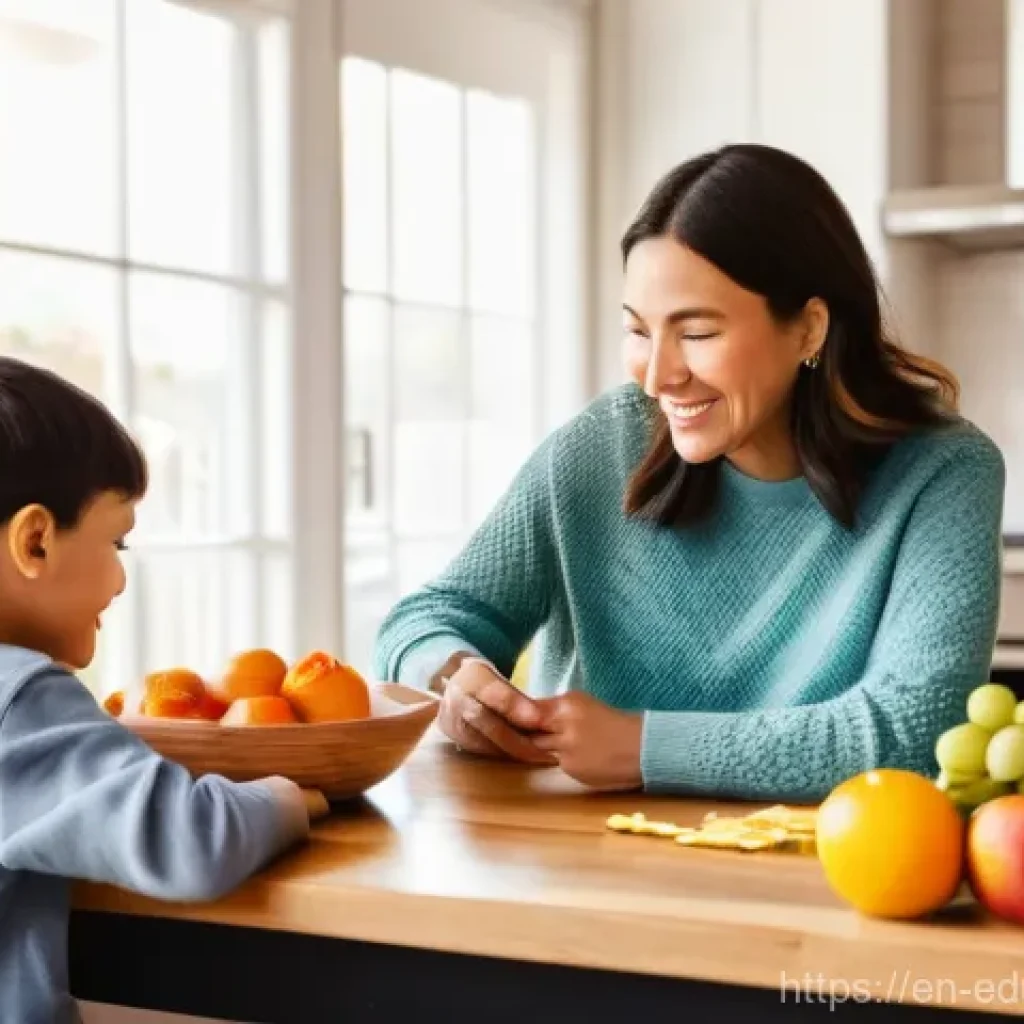 아이와 함께하는 요리 레시피를 위한 재료 구입 팁 - **Family Meal Planning Session:** A warm, brightly lit kitchen scene with a family of four (a mother...