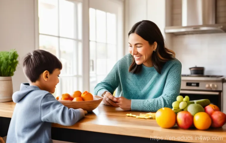아이와 함께하는 요리 레시피를 위한 재료 구입 팁 - **Family Meal Planning Session:** A warm, brightly lit kitchen scene with a family of four (a mother...