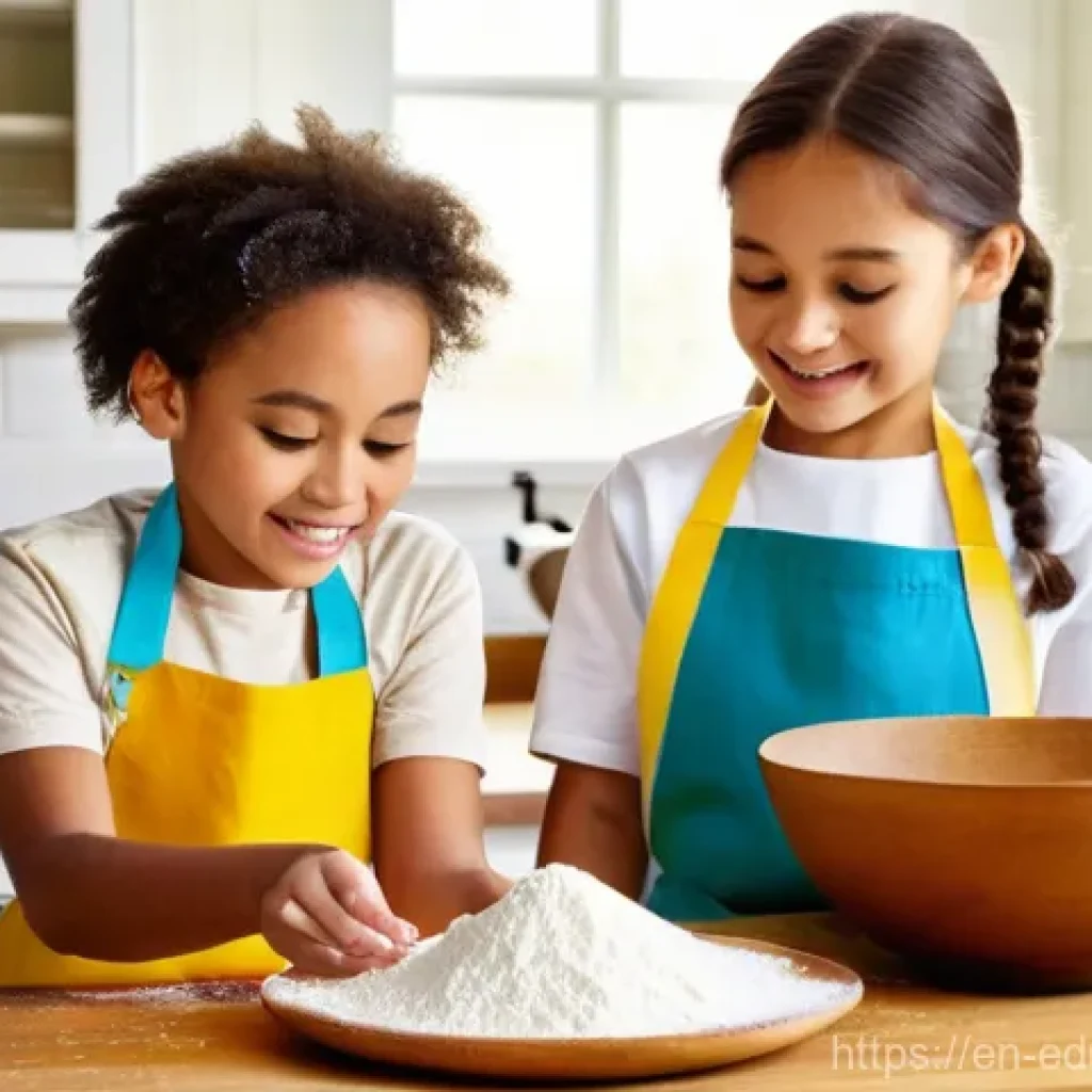 아이와 함께하는 요리 교육의 중요성 - **Prompt:** A cozy, sunlit kitchen scene where two children, around ages 7 and 10, are enthusiastica...