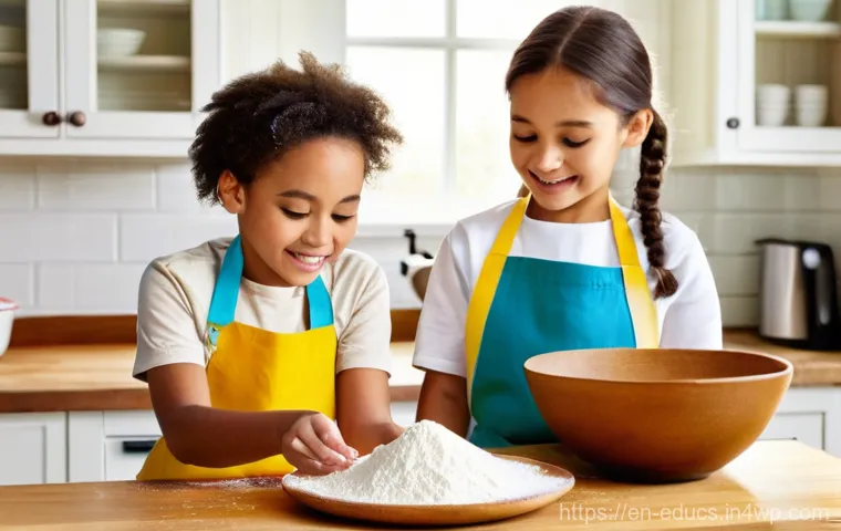 아이와 함께하는 요리 교육의 중요성 - **Prompt:** A cozy, sunlit kitchen scene where two children, around ages 7 and 10, are enthusiastica...
