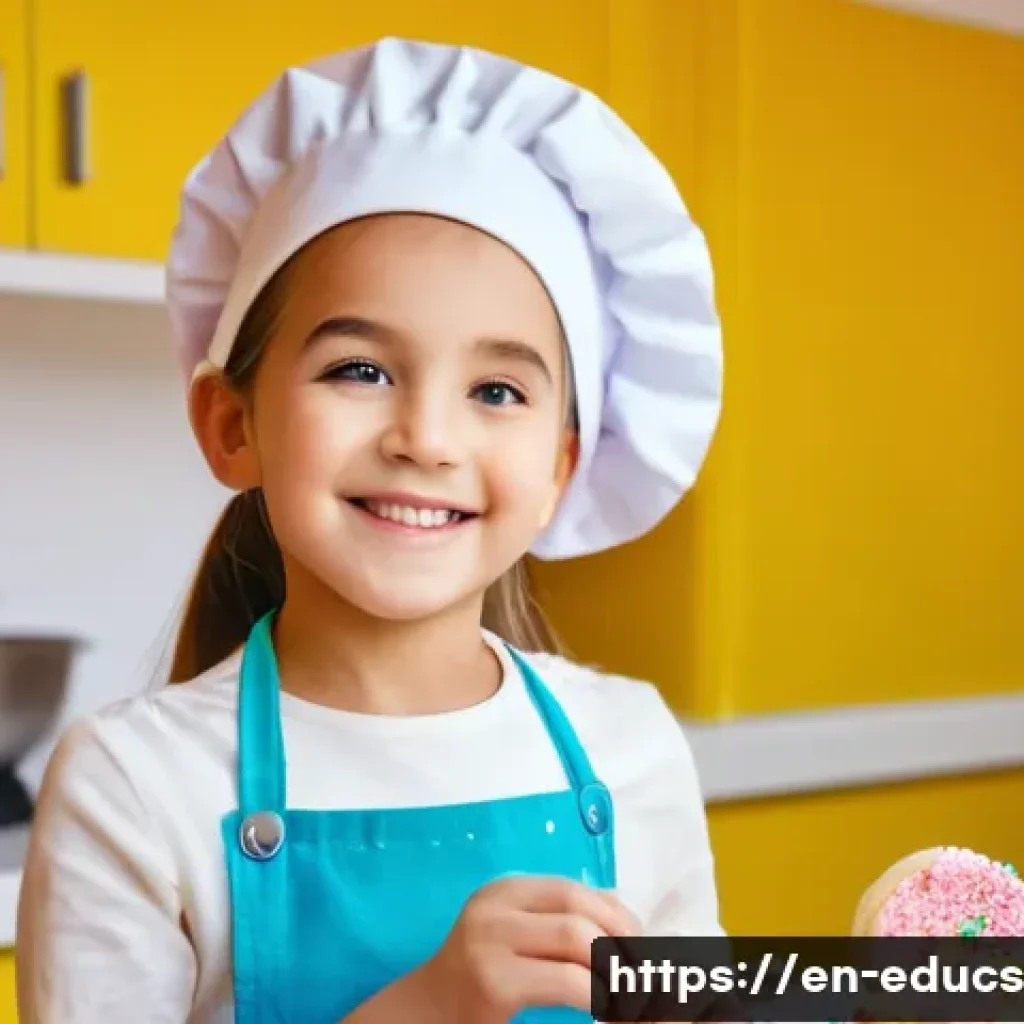아이와 함께하는 디저트 만들기 아이디어 - **Image Prompt:** A brightly lit, cheerful kitchen scene. A young girl, around 7 years old, wearing ...
