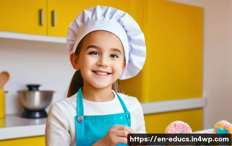 아이와 함께하는 디저트 만들기 아이디어 - **Image Prompt:** A brightly lit, cheerful kitchen scene. A young girl, around 7 years old, wearing ...