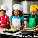 Home 21 아이와 함께하는 요리 교육의 직업적 기회 - A vibrant community cooking class scene in a modern community center kitchen, featuring a diverse gr...