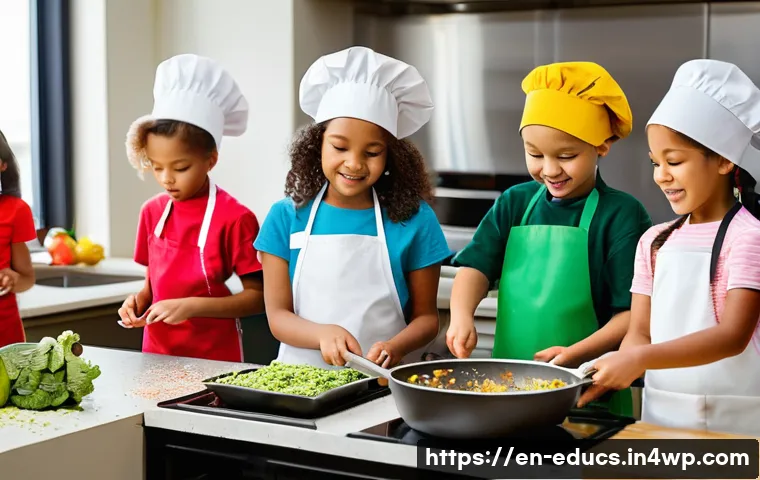 아이와 함께하는 요리 교육의 직업적 기회 - A vibrant community cooking class scene in a modern community center kitchen, featuring a diverse gr...