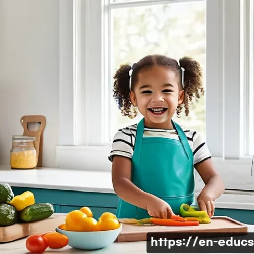 Home 32 아이에게 요리 교육 시 필요한 조리기구 - A bright and cheerful children’s kitchen corner featuring a small step stool for safe counter access...