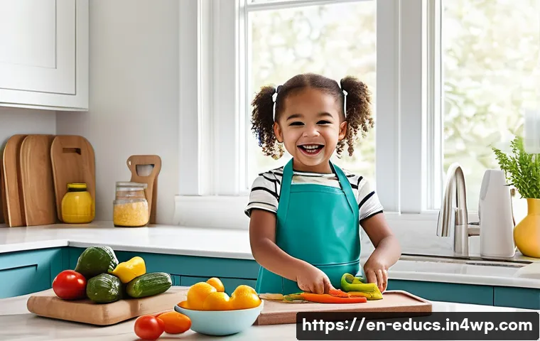 아이에게 요리 교육 시 필요한 조리기구 - A bright and cheerful children’s kitchen corner featuring a small step stool for safe counter access...