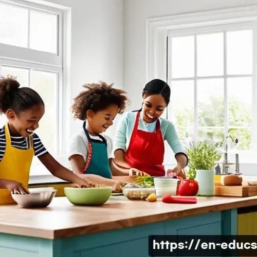 Home 31 아이와 함께 할 수 있는 요리 책 추천 - A bright, cheerful kitchen scene with a diverse group of children aged 6 to 10 cooking together, wea...