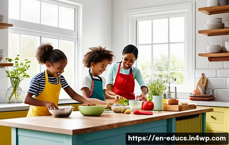 아이와 함께 할 수 있는 요리 책 추천 - A bright, cheerful kitchen scene with a diverse group of children aged 6 to 10 cooking together, wea...
