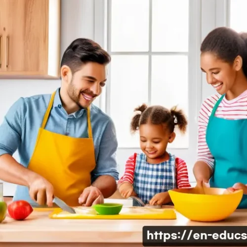 Home 30 아이와 함께하는 요리 교육에서의 문제 해결 전략 - A bright, cheerful kitchen scene showing a parent and two young children cooking together at a kid-f...