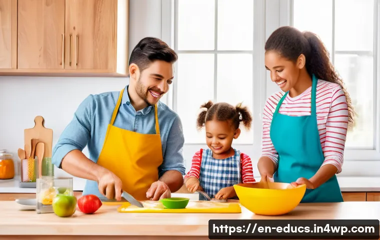 아이와 함께하는 요리 교육에서의 문제 해결 전략 - A bright, cheerful kitchen scene showing a parent and two young children cooking together at a kid-f...