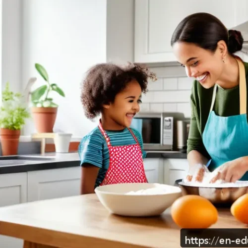 Home 17 아이와 함께 요리하며 배울 수 있는 영양 교육 - A warm, inviting kitchen scene featuring a smiling parent and two young children, all wearing colorf...