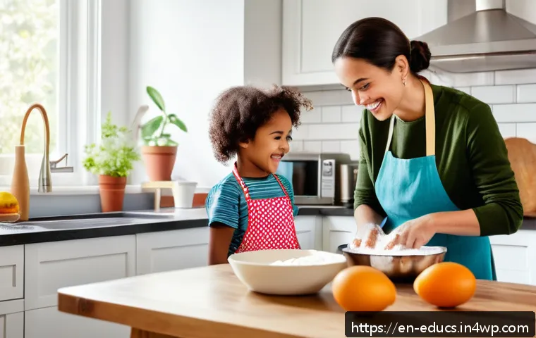 아이와 함께 요리하며 배울 수 있는 영양 교육 - A warm, inviting kitchen scene featuring a smiling parent and two young children, all wearing colorf...