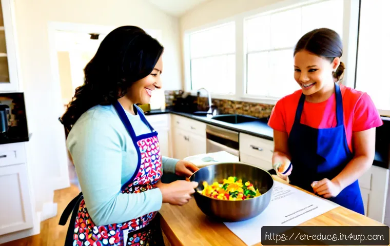 Home 17 아이들과 함께하는 요리 교육의 성과 측정 방법 - Photorealistic family cooking lesson in a bright American home kitchen, diverse children wearing col...